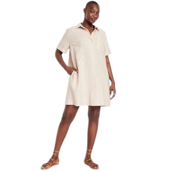 NWT Old Navy Linen Blend Button Front Shirt Dress Neutral Large Tall - Picture 12 of 13